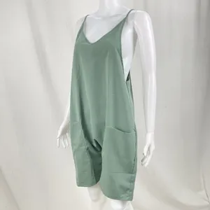 Green spaghetti strap romper with side pockets, casual summer sleeveless jumpsuit for women.