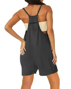 Back view detail of women's dark grey overall shorts with convenient zipper pocket.