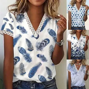 T-Shirt à Manches Courtes Pour Femmes Avec Col En V Bordure En Dentelle Imprimé Plume Florale Haut D'été Décontracté En Mélange De Coton