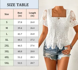 White lace square neck short sleeve top size chart and product detail view for women.