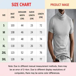 Detailed size chart and product view for men's solid color turtleneck short sleeve top.