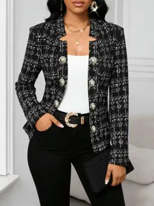 Women's Elegant Checkered Slim Fit Blazer Double Breasted Lapel Long Sleeve Plaid Jacket Office Lady Suit Outerwear