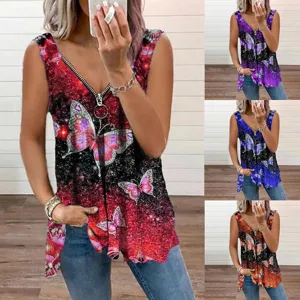 Débardeur Femme Élégant en Mélange de Coton Sans Manches Col en V Imprimé Papillon Rose Floral Fermeture Éclair T-Shirt Été Grande Taille