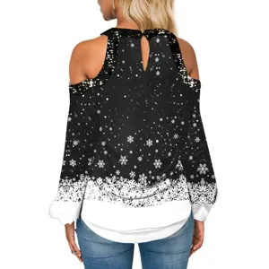 Dettaglio posteriore top donna a maniche lunghe con spalle scoperte e stampa con fiocchi di neve.