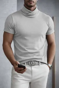 Men's solid color short sleeve turtleneck base shirt detail, slim fit knitwear fashion style.