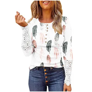 Women feather print long sleeve t-shirt casual henley button lace patchwork top for daily wear