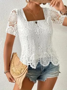 White lace square neck short sleeve top for women, stylish floral crochet casual blouse.