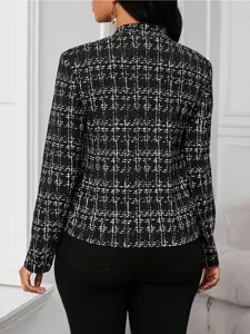 Back view of a chic black and white tweed blazer jacket, slim fit long sleeve stylish outerwear.