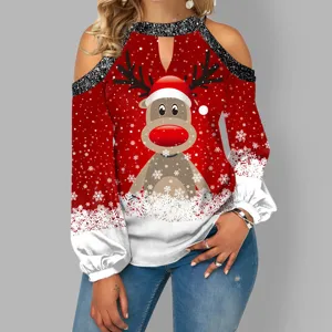 Natale top maniche lunghe spalle scoperte renna donna maglione festivo invernale