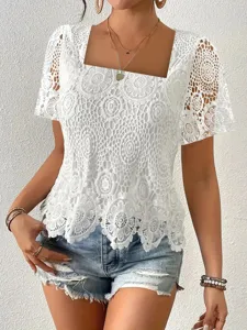 White lace square neck short sleeve blouse, elegant floral hollow out top for women.