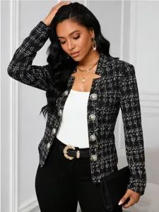 Women elegant black white plaid tweed blazer slim fit long sleeve gold button chic
