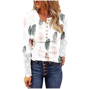 Women long sleeve henley t-shirt casual slim fit button down feather print top with lace cuff