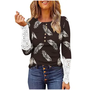 Women Long Sleeve Feather Print Button Ribbed Top with White Lace Cuffs Casual Tee