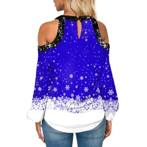 Camicetta Donna Natale Spalla Scoperta Manica Lunga Blu Fiocco Neve Paillettes