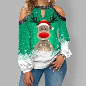Donna Natale spalla scoperta manica lunga verde top carino renna grafica maglione chic