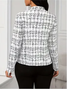 Women stylish black and white plaid slim fit long sleeve blazer jacket detail view