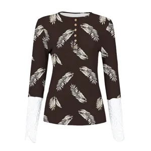 Women long sleeve ribbed henley t-shirt feather print casual top with white lace cuffs