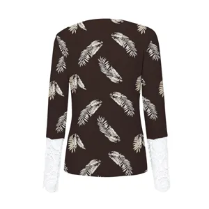 Women long sleeve ribbed slim fit t-shirt with lace cuffs and stylish feather print casual top