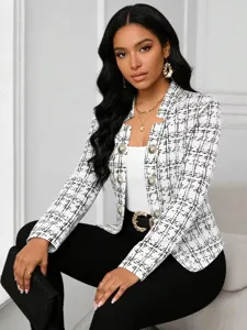 Chic black and white plaid tweed blazer for women, stylish slim-fit long sleeve jacket.