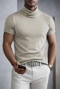Men short sleeve turtleneck t shirt slim fit casual solid color top detailed view display