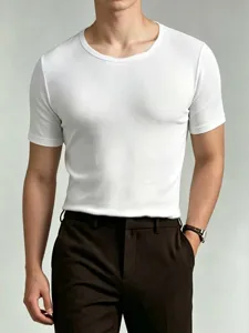 Men's casual solid white short sleeve slim fit crew neck t-shirt apparel detail showcase.