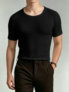 Men's solid color short-sleeve undershirt detail view, slim fit crewneck casual top.