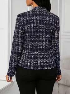 Womens plaid blazer jacket long sleeve slim fit casual elegant outerwear back view detail.