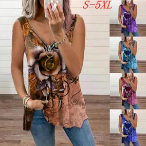 Femme vintage imprimé rose col V sans manches haut zippé débardeur été chemise ample