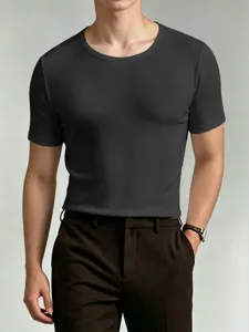 Detailed shot of men's solid color short sleeve scoop neck slim fit basic t-shirt close up.
