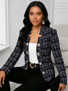 Women's stylish black and white tweed slim double breasted blazer jacket long sleeve detail