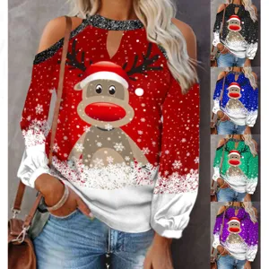 Natale spalla scoperta manica lunga renna top donna inverno casual festivo maglietta