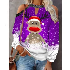 Top natalizio con spalle scoperte e maniche lunghe con stampa renna per donna moda inverno