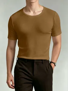 Men's solid color short sleeve slim fit crewneck t-shirt detail showing comfortable fabric.