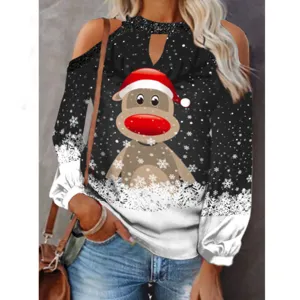 Top a maniche lunghe con spalle scoperte e renna di Natale per donna, maglione festivo sexy.