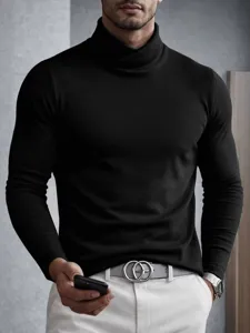 Men solid black turtleneck long sleeve slim fit base layer shirt autumn winter top