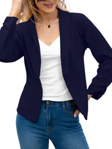 Women casual lapel long sleeve blazer coat paired with white camisole and blue jeans autumn fashion.