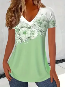 Casual women's V-neck short sleeve T-shirt featuring elegant green floral print design.