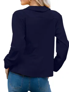 Stylish women's navy blue lapel blazer jacket, perfect for autumn fashion clothing line.