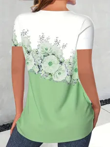 Casual women's short sleeve t-shirt with elegant green floral gradient print design top.