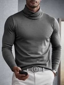 Men's grey turtleneck long sleeve slim fit solid color casual pullover top for autumn winter