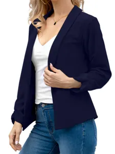 Detailed view of women casual navy blue blazer, long sleeve open front jacket, stylish wear.