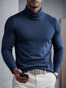 Men's casual slim fit solid color turtleneck long sleeve t-shirt for autumn and winter top