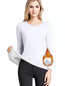 Top thermique femme manches longues col rond coupe cintrée sous-vêtement chaud blanc.