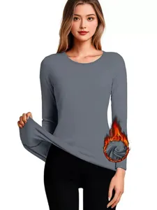 Femmes Thermique Manche Longue Col Rond Coupe Ajustée Couche De Base Haut Chaud