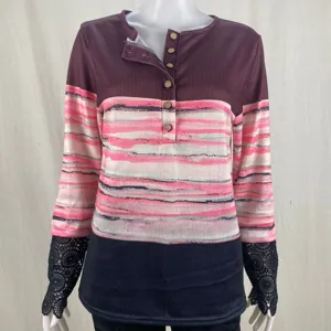 Women's long sleeve henley t-shirt with striped print, ribbed fabric and lace cuffs.