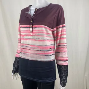 Women colorblock long sleeve lace trim henley t-shirt casual fall top detail view