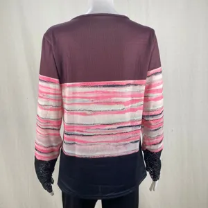 Women's long sleeve colorblock T-shirt ribbed crew neck casual top with lace cuffs