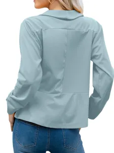Light blue casual blazer jacket for women, stylish lapel long sleeve outerwear, back view detail.