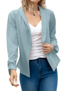 Detail view of women's open front blazer in light blue, stylish casual outerwear jacket.