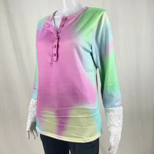 Women tie dye long sleeve t shirt henley casual top with lace cuffs and buttons for daily wear